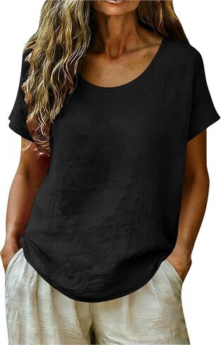 Linen Shirts for Women Summer Casual Short Sleeve Cotton Tops Loose Fit Crewneck Gauze Tunic Blouses in Kuwait