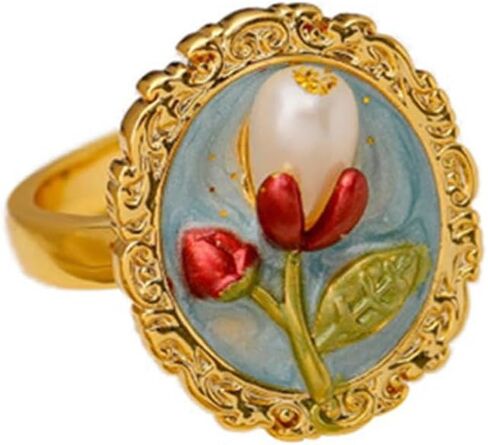 Kokoma Vintage Tulip Floral Pearl Rings Geometry Oval Pearls Flower Statement Open Engagement Bands Ring Wedding Adjustable Jewelry for Women in Saudi Arabia