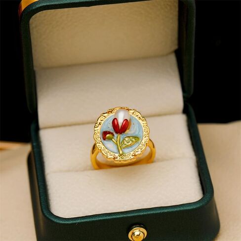 Kokoma Vintage Tulip Floral Pearl Rings Geometry Oval Pearls Flower Statement Open Engagement Bands Ring Wedding Adjustable Jewelry for Women in Saudi Arabia