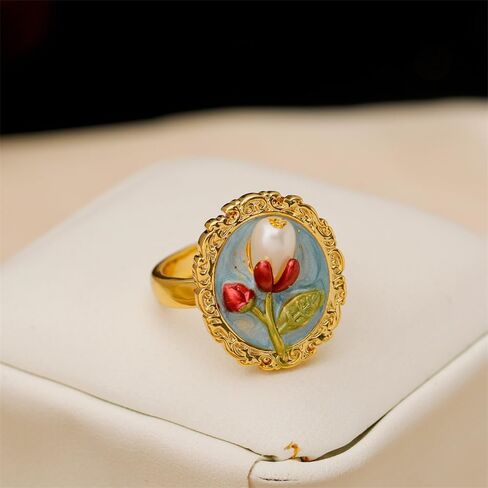 Kokoma Vintage Tulip Floral Pearl Rings Geometry Oval Pearls Flower Statement Open Engagement Bands Ring Wedding Adjustable Jewelry for Women in Saudi Arabia