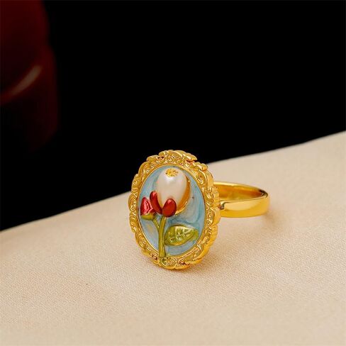 Kokoma Vintage Tulip Floral Pearl Rings Geometry Oval Pearls Flower Statement Open Engagement Bands Ring Wedding Adjustable Jewelry for Women in Saudi Arabia