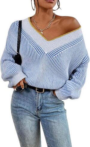 Cakulo Womens Fall 2024 Oversized Striped V Neck Sweaters Long Sleeve Knit Color Block Trendy Pullover Sweater Top in Kuwait