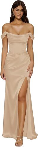 Satin Bridesmaid Dresses 2026 Off The Shoulder High Slit Ruched Corset Formal Prom Gown in Kuwait