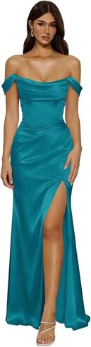 Satin Bridesmaid Dresses 2026 Off The Shoulder High Slit Ruched Corset Formal Prom Gown in Saudi Arabia