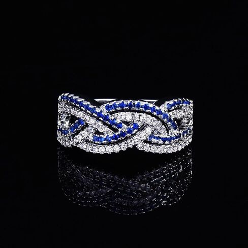 925 Sterling Silver Shiny Full Diamond Ring 18K Gold Sapphire Cocktail Ring Blue Cubic Zirconia Promise Rings CZ Diamond Multi Row Ring Eternity Engagement Wedding Band Ring for Women Z.5 (US Code 9) in Saudi Arabia