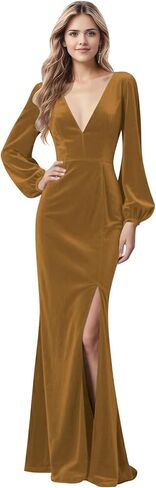 فساتين مخملية طويلة الأكمام لحفلات الزفاف، ورقبة على شكل V، وأربطة من الخلف، مع فتحة بطول الأرض، فساتين رسمية in Kuwait