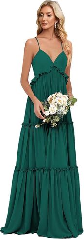 فساتين وصيفة العروس بأشرطة سباغيتي للنساء طويلة رقبة على شكل V كشكشة شيفون فساتين حفلات رسمية للسهرات in Kuwait