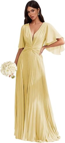 فساتين رسمية من الشيفون لوصيفة العروس وأكمام مرفرفة مطوي ورقبة على شكل حرف v وكشكشة طويلة على شكل حرف a فستان زفاف الضيوف L04003 in Kuwait