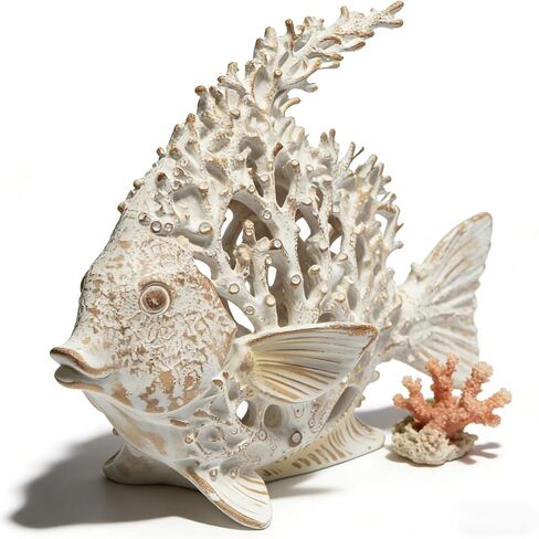 White Coral Reef Angelfish Statue Coastal Beach Decor Ocean Nautical Figurine for Bathroom Home Office Tabletop Shelf 10in x 9.8 in(Ivory White) in Saudi Arabia