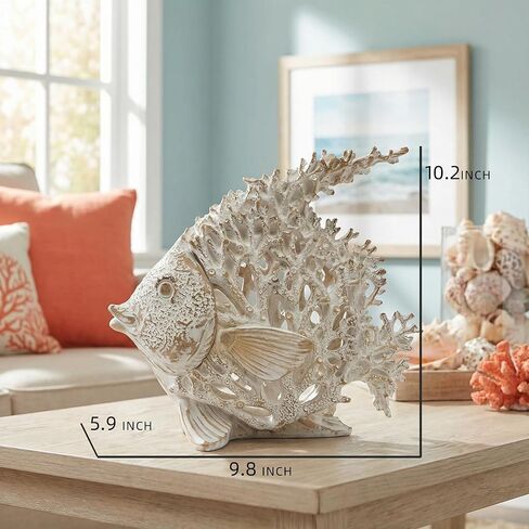 White Coral Reef Angelfish Statue Coastal Beach Decor Ocean Nautical Figurine for Bathroom Home Office Tabletop Shelf 10in x 9.8 in(Ivory White) in Saudi Arabia