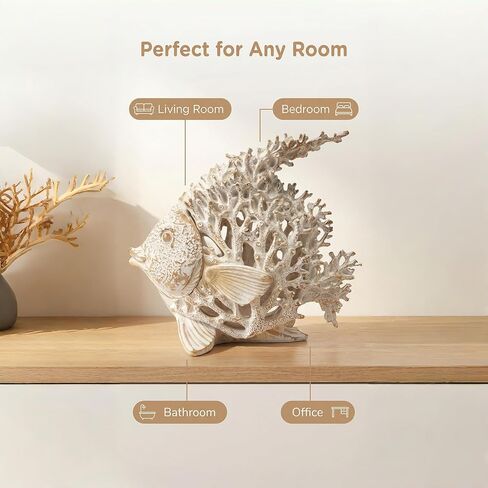White Coral Reef Angelfish Statue Coastal Beach Decor Ocean Nautical Figurine for Bathroom Home Office Tabletop Shelf 10in x 9.8 in(Ivory White) in Saudi Arabia