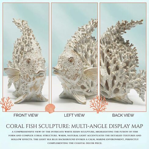 White Coral Reef Angelfish Statue Coastal Beach Decor Ocean Nautical Figurine for Bathroom Home Office Tabletop Shelf 10in x 9.8 in(Ivory White) in Saudi Arabia
