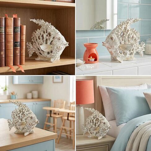 White Coral Reef Angelfish Statue Coastal Beach Decor Ocean Nautical Figurine for Bathroom Home Office Tabletop Shelf 10in x 9.8 in(Ivory White) in Saudi Arabia