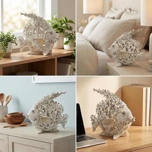 White Coral Reef Angelfish Statue Coastal Beach Decor Ocean Nautical Figurine for Bathroom Home Office Tabletop Shelf 10in x 9.8 in(Ivory White) in Saudi Arabia