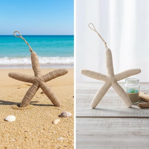 Rustic Rope Starfish Wall Hanging Decor, Set of 2 Nautical Coastal Jute Ornaments for Beach House, Bathroom, Door Handle, Wall Art, Handmade Sea Decorations Christmas Star Tree Topper in Kuwait