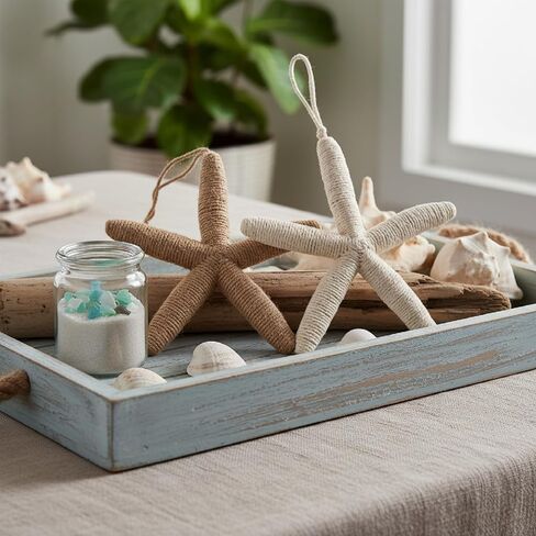 Rustic Rope Starfish Wall Hanging Decor, Set of 2 Nautical Coastal Jute Ornaments for Beach House, Bathroom, Door Handle, Wall Art, Handmade Sea Decorations Christmas Star Tree Topper in Kuwait