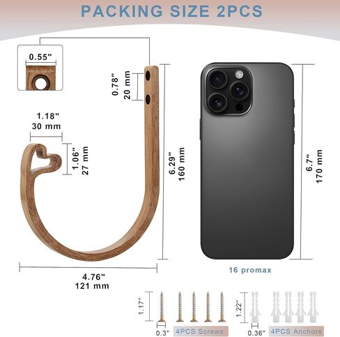 2Pcs Curtain Holdback,Premium Solid Aluminum Wall Mounted Curtain Tiebacks,Rust-Proof,Brown Wood Grain in Saudi Arabia