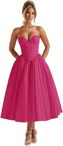 UZN Strapless Prom Dresses for Women Satin 2026 Tea Length A Line Corset Formal Evening Party Gowns in Kuwait