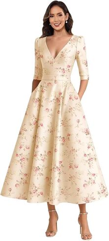 Satin Mother of The Bride Dresses for Women Tea Length A Line V Neck Formal Evening Dress with Sleeves in Saudi Arabia