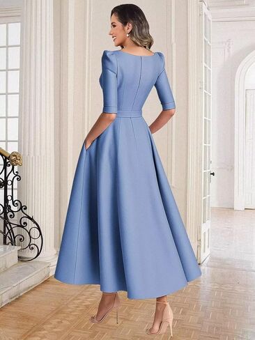 Satin Mother of The Bride Dresses for Women Tea Length A Line V Neck Formal Evening Dress with Sleeves in Saudi Arabia