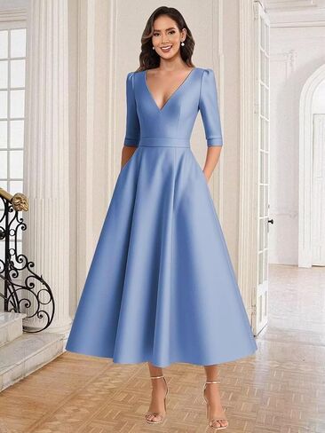 Satin Mother of The Bride Dresses for Women Tea Length A Line V Neck Formal Evening Dress with Sleeves in Saudi Arabia