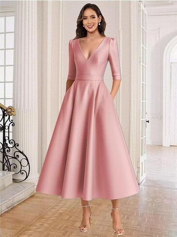 Satin Mother of The Bride Dresses for Women Tea Length A Line V Neck Formal Evening Dress with Sleeves in Saudi Arabia