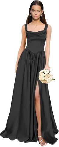 Sleeveless Satin Bridesmaid Dresses for Women Long Cowl Neck Draped Prom Dress with Slit in Saudi Arabia