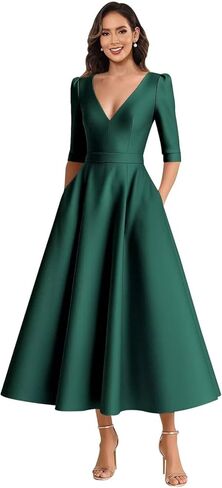 Satin Mother of The Bride Dresses for Women Tea Length A Line V Neck Formal Evening Dress with Sleeves in Saudi Arabia