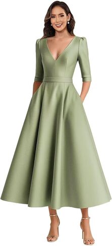 Satin Mother of The Bride Dresses for Women Tea Length A Line V Neck Formal Evening Dress with Sleeves in Saudi Arabia