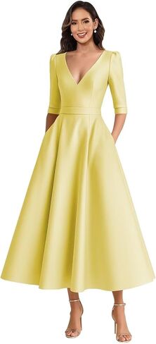 Satin Mother of The Bride Dresses for Women Tea Length A Line V Neck Formal Evening Dress with Sleeves in Saudi Arabia