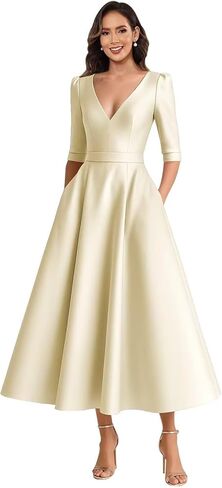 Satin Mother of The Bride Dresses for Women Tea Length A Line V Neck Formal Evening Dress with Sleeves in Saudi Arabia