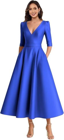 Satin Mother of The Bride Dresses for Women Tea Length A Line V Neck Formal Evening Dress with Sleeves in Saudi Arabia
