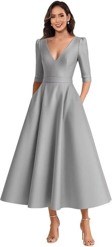Satin Mother of The Bride Dresses for Women Tea Length A Line V Neck Formal Evening Dress with Sleeves in Saudi Arabia