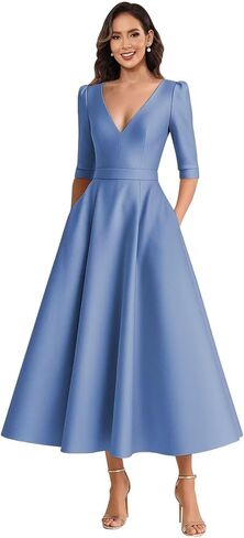 Satin Mother of The Bride Dresses for Women Tea Length A Line V Neck Formal Evening Dress with Sleeves in Saudi Arabia