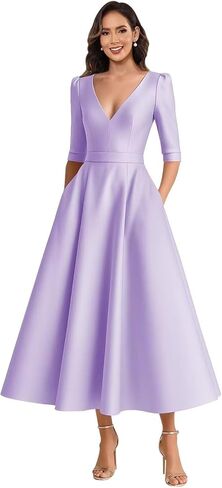 Satin Mother of The Bride Dresses for Women Tea Length A Line V Neck Formal Evening Dress with Sleeves in Saudi Arabia