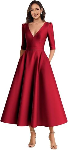 Satin Mother of The Bride Dresses for Women Tea Length A Line V Neck Formal Evening Dress with Sleeves in Saudi Arabia