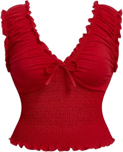 Verdusa Women's Plus Size Bow Crop Tank Top Ruffle Shirred Deep V Neck Going Out Tops Summer Vacation Outfits in Saudi Arabia