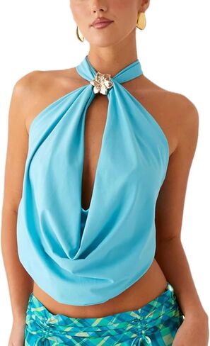 HOXIJIA Women Y2K Cowl Neck Tank Top Sleeveless 3D Flower Draped Front Solid Color Backless Halter Neck Vest Summer Beach in Saudi Arabia