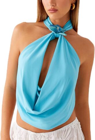 HOXIJIA Women Y2K Cowl Neck Tank Top Sleeveless 3D Flower Draped Front Solid Color Backless Halter Neck Vest Summer Beach in Saudi Arabia