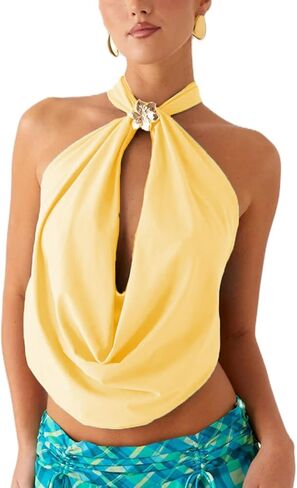 HOXIJIA Women Y2K Cowl Neck Tank Top Sleeveless 3D Flower Draped Front Solid Color Backless Halter Neck Vest Summer Beach in Saudi Arabia