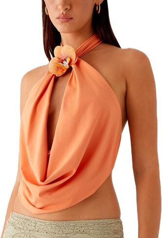 HOXIJIA Women Y2K Cowl Neck Tank Top Sleeveless 3D Flower Draped Front Solid Color Backless Halter Neck Vest Summer Beach in Saudi Arabia