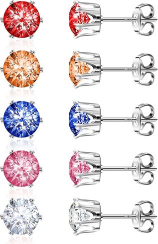 مجموعة أقراط نسائية مكونة من 5 أزواج من أقراط الزركونيا المكعبة متعددة الألوان، مجموعة أحجار الميلاد المضادة للحساسية، هدية مجوهرات فاخرة لها in Kuwait