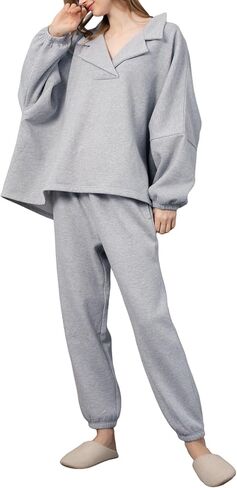 Gihuo Womens Lounge Set Cotton Pajama Set 2 Piece Outfits Oversized Sweatshirt Pants in Saudi Arabia