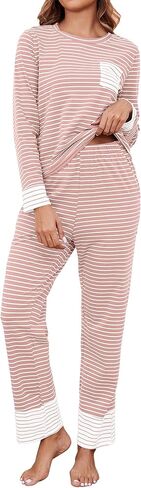 طقم بيجامة نسائي قطني بأكمام طويلة مكون من قطعتين طقم صالة ناعم من Pj طقم ملابس نوم شتوية مع جيوب بيجامة ما بعد الولادة وردي S in Kuwait