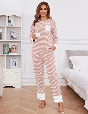 طقم بيجامة نسائي قطني بأكمام طويلة مكون من قطعتين طقم صالة ناعم من Pj طقم ملابس نوم شتوية مع جيوب بيجامة ما بعد الولادة وردي S in Kuwait