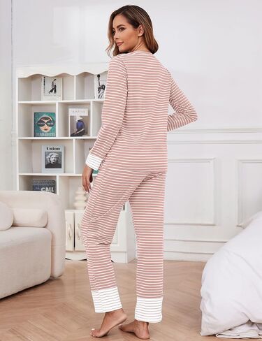 طقم بيجامة نسائي قطني بأكمام طويلة مكون من قطعتين طقم صالة ناعم من Pj طقم ملابس نوم شتوية مع جيوب بيجامة ما بعد الولادة وردي S in Kuwait