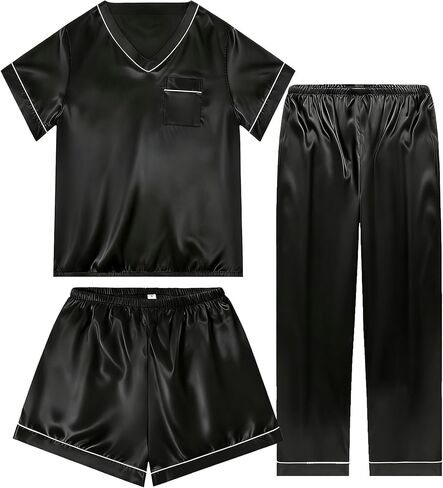 3 Piece Silk Satin Pajamas Set for Women Soft Silky Summer Pjs Short Sleeve V Neck Sleepwear, S-XXL in Kuwait