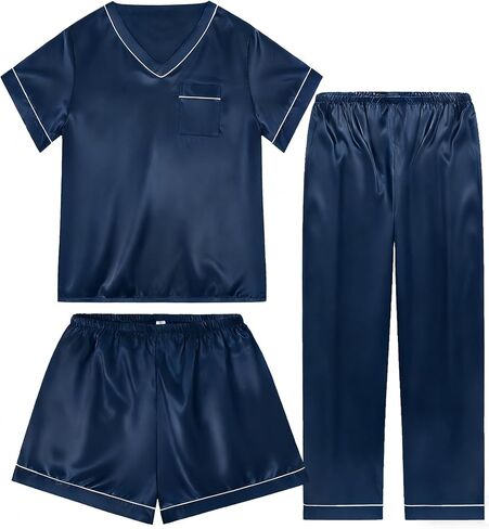 3 Piece Silk Satin Pajamas Set for Women Soft Silky Summer Pjs Short Sleeve V Neck Sleepwear, S-XXL in Saudi Arabia