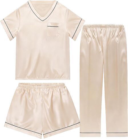 3 Piece Silk Satin Pajamas Set for Women Soft Silky Summer Pjs Short Sleeve V Neck Sleepwear, S-XXL in Saudi Arabia
