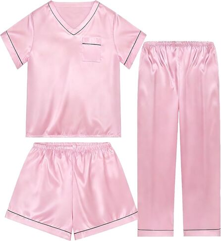 3 Piece Silk Satin Pajamas Set for Women Soft Silky Summer Pjs Short Sleeve V Neck Sleepwear, S-XXL in Saudi Arabia